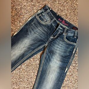 Rock & Roll Cowgirl Low Rise Bootcut Jeans 25x32 Dark Wash Studded Pockets